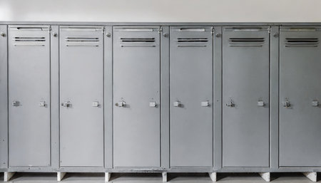 front view of old grey metal locker used in gyms or pool grunge gray metal lockers used in gyms or pool school or gym changing room metal cabinets with lock grey storage furniture with closed doorsの素材
