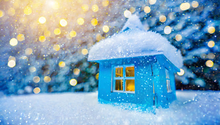 merry christmas and happy new year concept glitter illumination background a small blue house covered in snowの素材