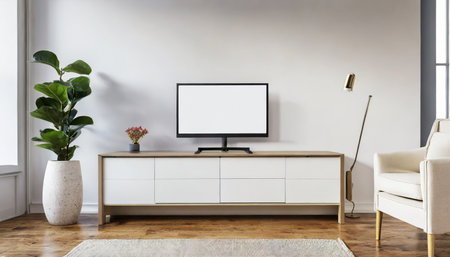 modern bureau or tv console mockup in empty living roomの素材