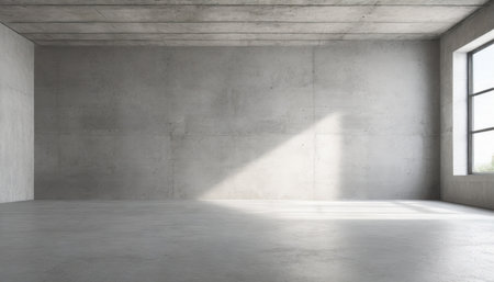 abstract large empty modern concrete room with sunlight from ceiling opening and rough floor industrial interior background templateの素材
