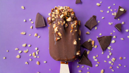 chocolate covered ice cream with nuts on a purple background bitten on top with chocolate bits taste explosionの素材