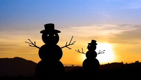 snowmen and boy looking on sunriseの素材