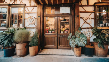 vintage charming store front with wood carpentry and an elegant retro feelの素材