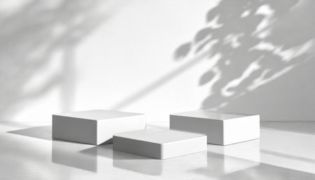 three empty blank hexagon shaped podiums or dais in white room background with tree shadow on the back wall and reflective floor product or design placement templateの素材