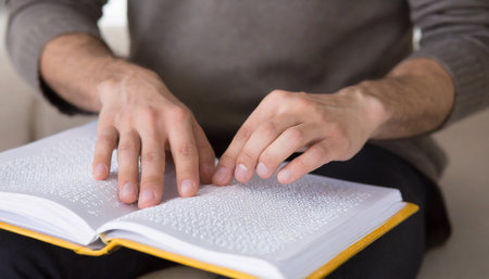 man reading braille bookの素材