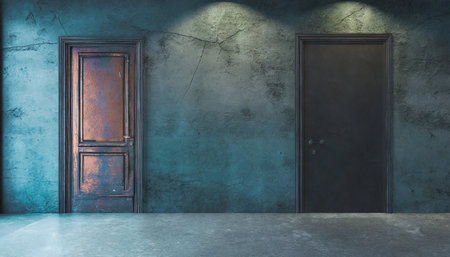 dark concrete walls room with old door 3d renderingの素材