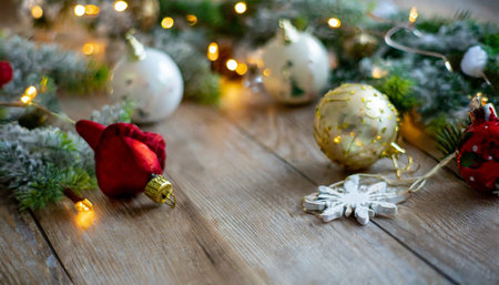 christmas decorations on wooden backgroundの素材