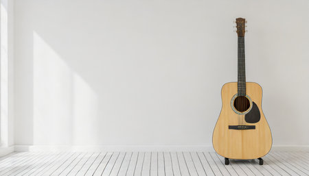 acoustic guitar mockup on stand in white empty room 3d renderingの素材