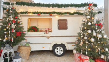festive trailer christmas yuletide tree backdrop for camper van mobile home and terrace celebrations during winter holidays and new year s day in the campの素材