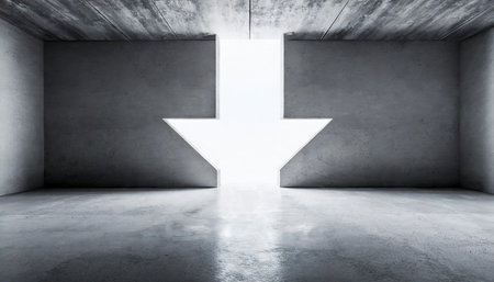abstract empty modern concrete room with arrow opening backlit from above and rough floor industrial interior background templateの素材