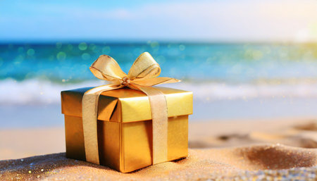 golden gift box with a bow on a sandy beach near the oceanの素材