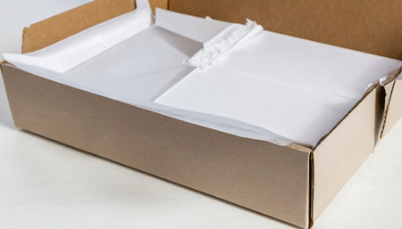 cardboard box with white wrapping paper and opened cover horizontalの素材