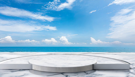 white marble podium with ocean sky background created with technologyの素材