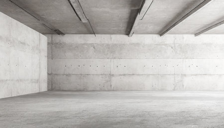 abstract empty modern concrete room with structured walls to the left and right and rough floor industrial interior background templateの素材