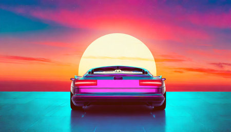 retro futuristic back side view 80s supercar on trendy synthwave vaporwave cyberpunk sunset background back to 80 s conceptの素材