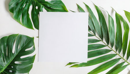 summer tropical leaves with blank paper on white backgroundの素材