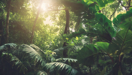 lush jungle with dense foliage and soft light filtering through leaves enigmatic nature sceneの素材