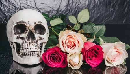 skull and roses on a black background aiの素材