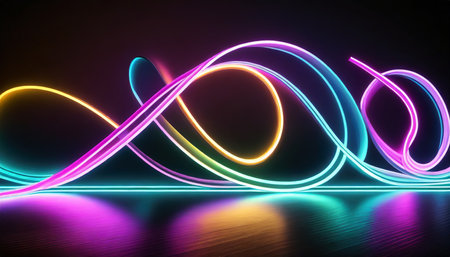 3d render abstract neon background fluorescent ines glowing in the dark room with floor reflection virtual dynamic curvy ribbon fantastic panoramic wallpaper digital data transfer energy conceptの素材