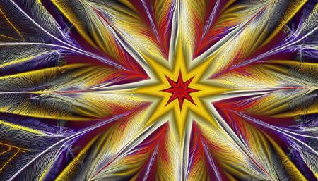 star in yellow red white and violet an abstract fractal image with an optically challenging star design in yellow red white and violetの素材