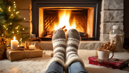 feet in woolen socks by the warm christmas fireplace generative aiの素材