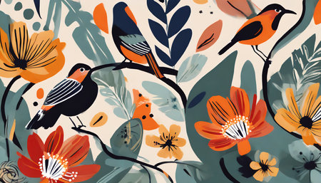 hand drawn abstract flowers and birds illustration pattern collage contemporary print fashionable template for design ethnic style generative aiの素材