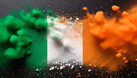 colorful irish tricolour flag in green white orange color holi paint powder explosion isolated background ireland europe celebration soccer fans travel tourism conceptの素材