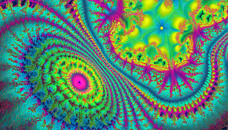 psychedelic pulse in green blue yellow and pink an abstract fractal image with an optically challenging colorfully patterned design in blue yellow green and pinkの素材