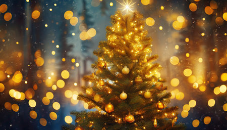 enchanting christmas tree background with golden illumination n festive holiday glowの素材