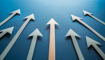 many arrows pointing in different directions with one arrow showing main direction over blue background solution strategy plan or success conceptの素材