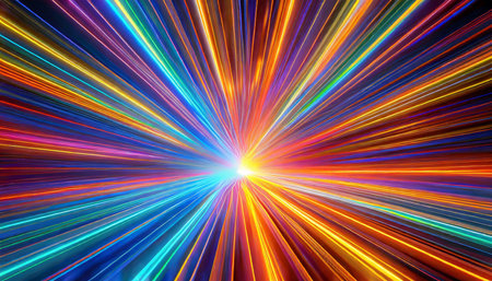 3d render abstract multicolor spectrum background bright orange blue neon rays and colorful glowing linesの素材