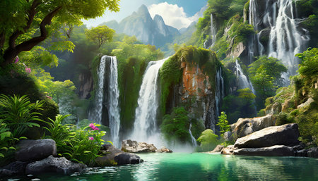 a waterfall high in the mountains fabulous view waterfall in the jungle photo wallpapers digital mural on the wallの素材