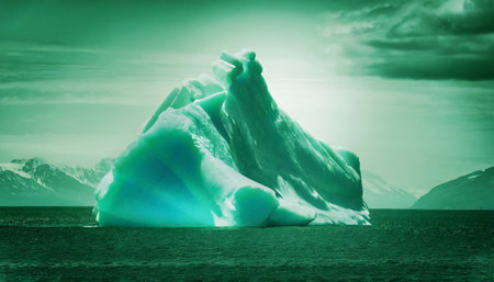 iceberg in ocean hidden threat or danger concept central composition toned greenの素材