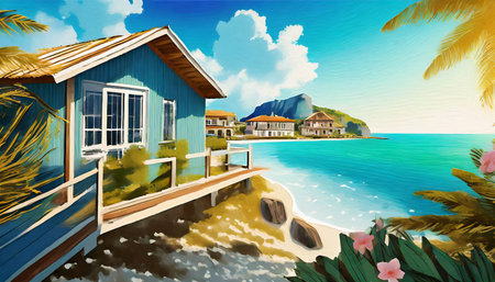 digital illustration seascape with a view of summer houses bungalows on the seashore wallpaper on the wallの素材