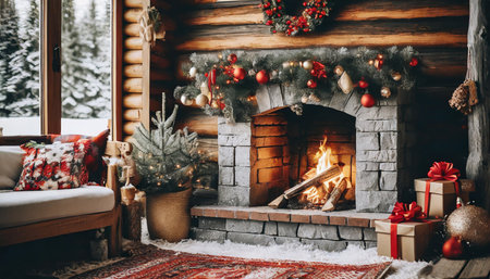 fireplace with christmas decorations in a cozy warm forest wooden log house cabin generative aiの素材