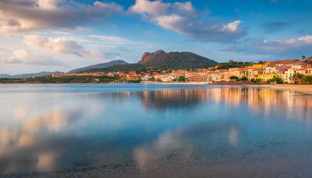palau town with sciumara beach reflected in the calm waters of mediterranean sea province of olbia tempio italy europe calm summer view of sardinia island vacation concept backgroundの素材