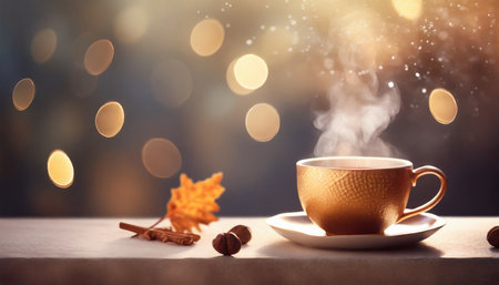 cozy autumn winter banner template steaming coffee tea cup blurred backgroundの素材