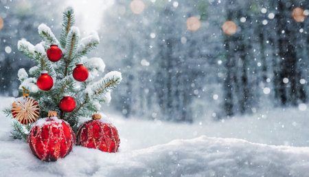 beautiful festive christmas snowy background christmas tree decorated with red balls and knitted toys in forest in snowdrifts in snowfall outdoors banner format copy spaceの素材