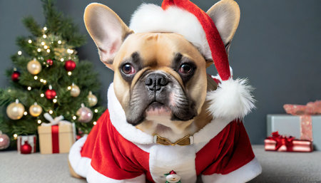 cute french bulldog dressed as santa clausの素材