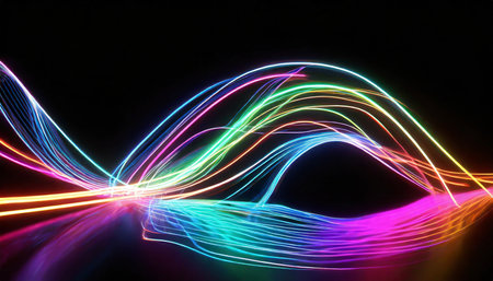 3d render abstract neon wallpaper glowing dynamic lines over black background light drawing trajectoryの素材