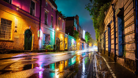 wet city street after rain at night time with colorful light and graffiti wall generative aiの素材