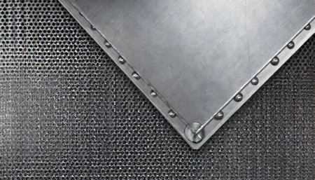 steel metal plate with rivets over grid background 3d illustrationの素材