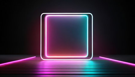 3d render abstract geometric background with neon square frame glowing with gradient light in the dark futuristic showcase for product presentationの素材