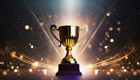 trophy image on a dark background with abstract shiny lightsの素材
