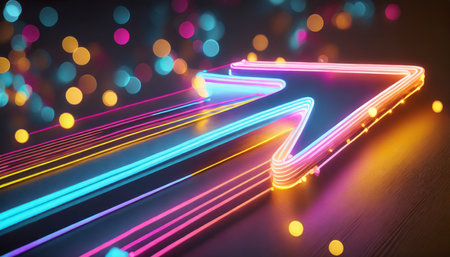 3d render abstract neon arrow pointing right direction telecommunication technology concept glowing colorful lines and bokeh lightsの素材