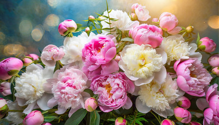bouquet of pink and white peonies colorful floral backgroundの素材