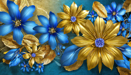 3d blue and golden flower with 3d background design wallpaperの素材