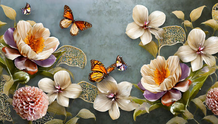 3d wallpaper flower and butterflies on texture background design for home interior generative aiの素材