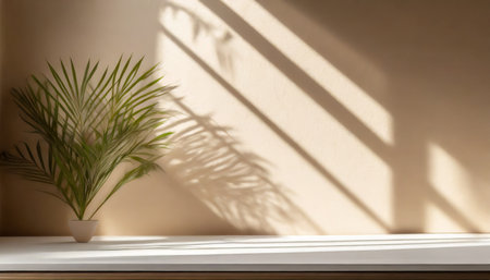 minimalistic abstract gentle light beige background for product presentation with light andand intricate shadow from the window and vegetation on wallの素材