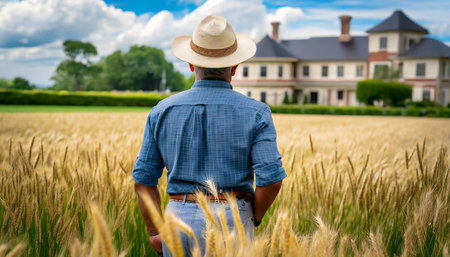 a adult white american farmer man standing on a wheat grass field wearing a hat photo taken from behind his back agricultural land owner blurry field and a mansion background generative aiの素材